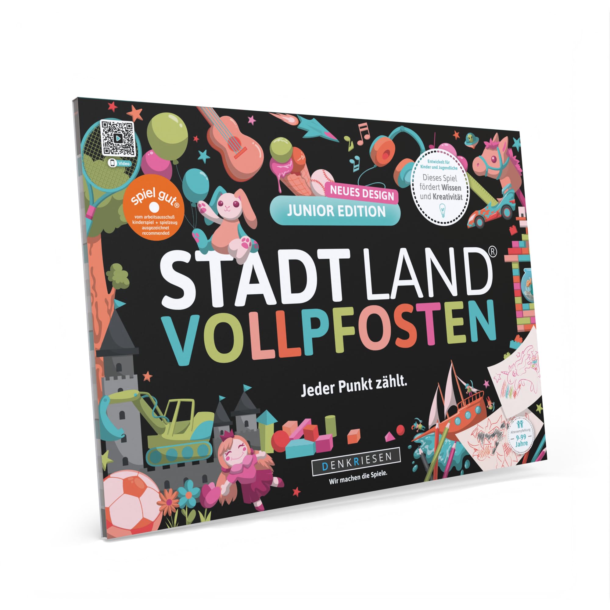 DENKRIESEN Stadt Land VOLLPFOSTEN® - Junior Edition | Ab 9 Jahren | Familienspiel | Kinderspiel | Kreative Stadt Land Fluss Variante | Spaßige Kategorien für Kinder | DIN A4 Spielblock |