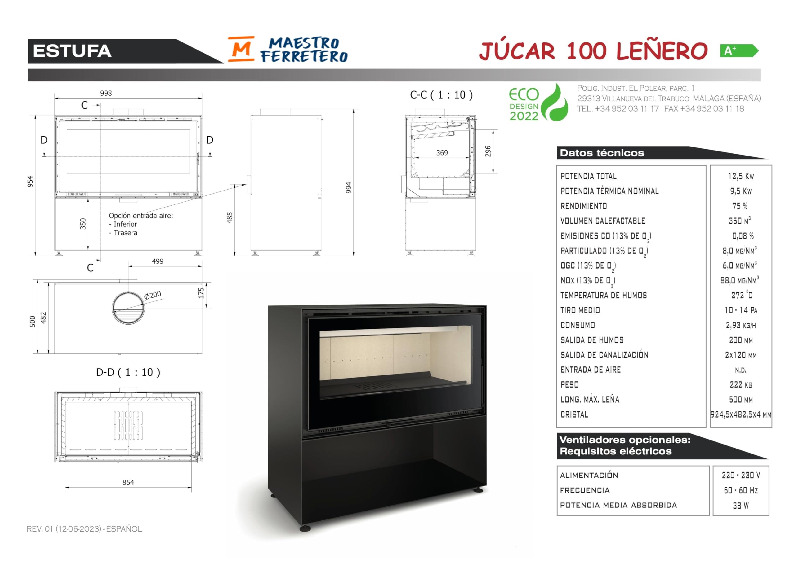 TJ - Estufa de Leña con Leñero Modelo JÚCAR 100 de 9,5 kW con 2 Turbinas Tangenciales y Cristal Cerámico Limpio de Alto Rendimiento