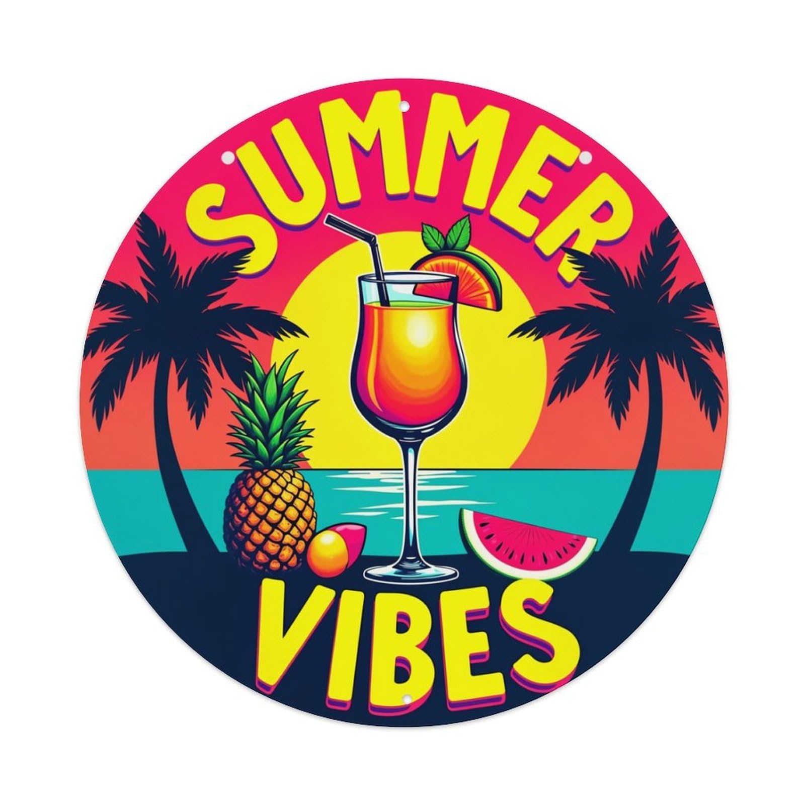 Summer Vibes Cocktail Palm Trees Sunset Retro Metal Sign Round Tin Sign, Vintage Decor Art Poster for Bar, Home, Man Cave, Kitchen, Laundry Room Gift 8x8Inch