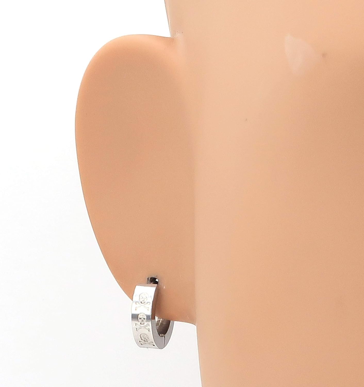 Stainless Steel Etched Cross Bone Skulls Silver-tone Color Men Hoop Huggie Earrings - Image 2