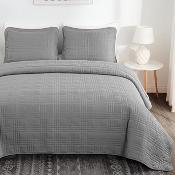 3-Piece Lightweight Reversible Soft Microfiber Oversized King Bedspread/Coverlet Set | Classic Geometric Square Stitched Design Pretty Gray Solid Color Glam | Fade Wrinkle Resistant Quilt Bedding