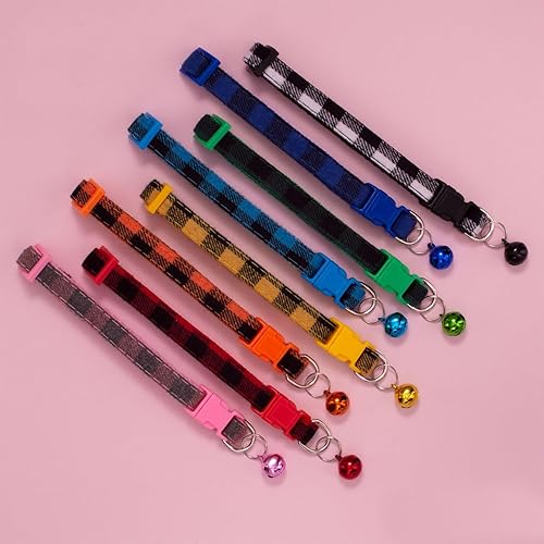 Miniatura 3 de Paquete de 8 collares clásicos a cuadros para cachorros con campanas, collares de identificación de gato ajustables de 7.5 a 12.6 pulgadas, bonitos