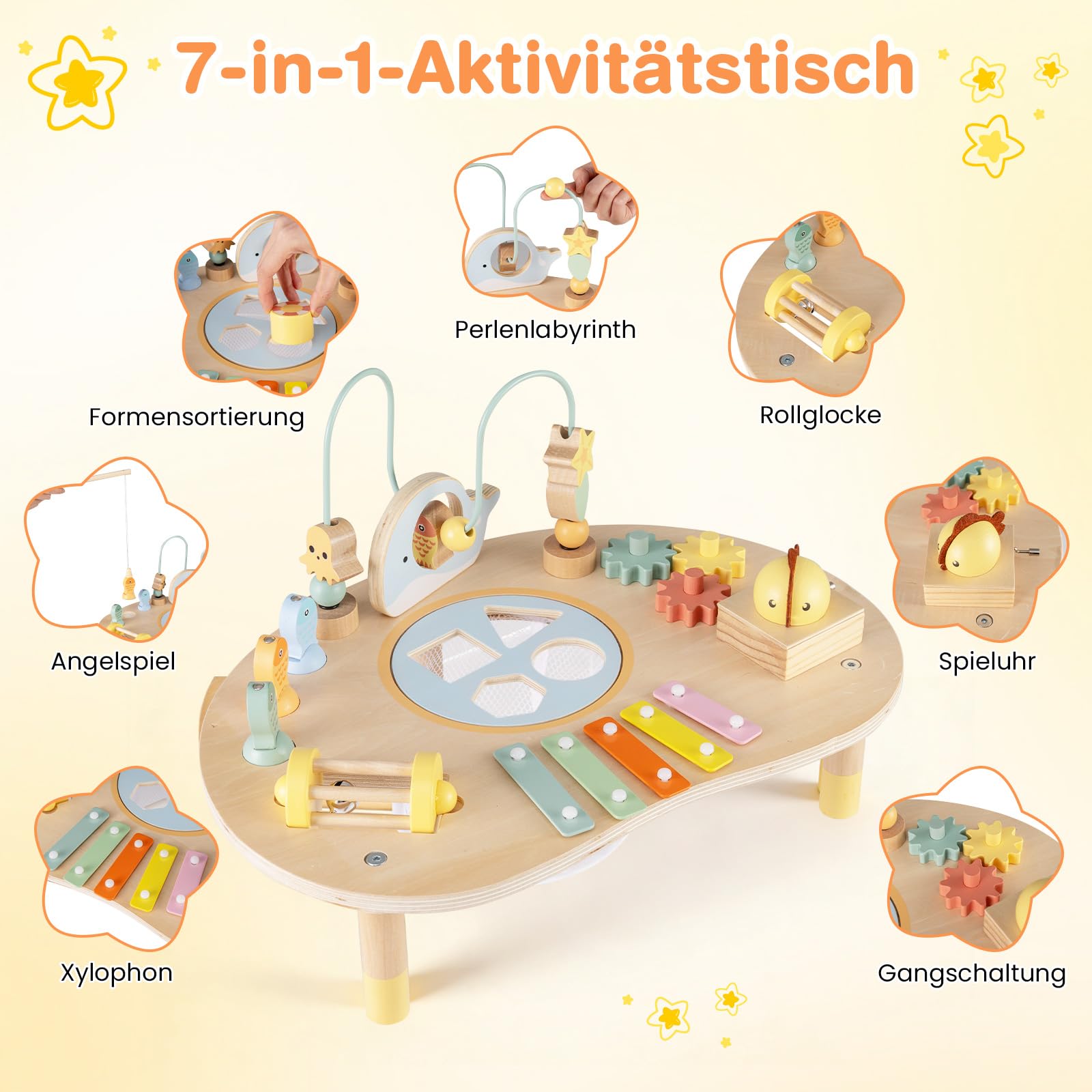 COSTWAY Aktivitätstisch Holz, Baby Montessori Spieltisch mit Motorikschleifen, Angelspiel, Xylophon, Spieluhr, Formensortierer, Motoriktisch Lernspielzeug für Kinder ab 1 Jahr
