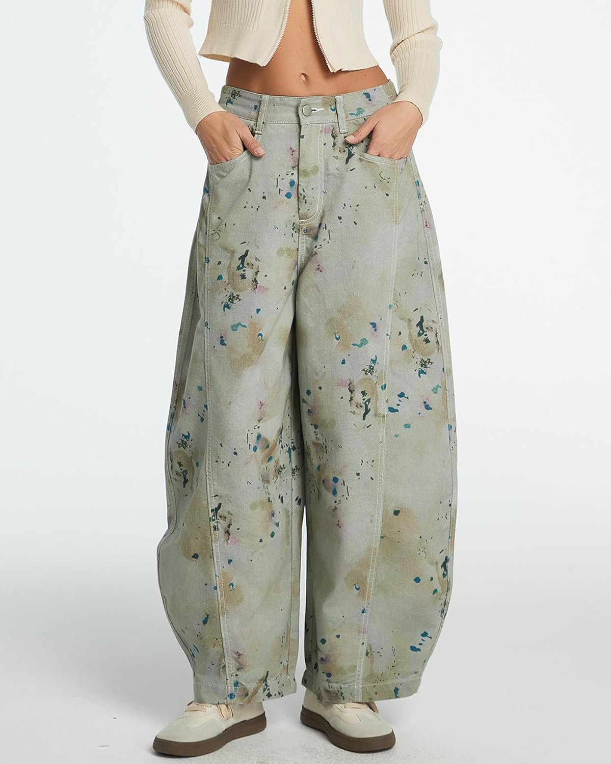 Women's Printed Baggy Barrel Jeans High Waisted Wide Leg Denim Pants - Image 5