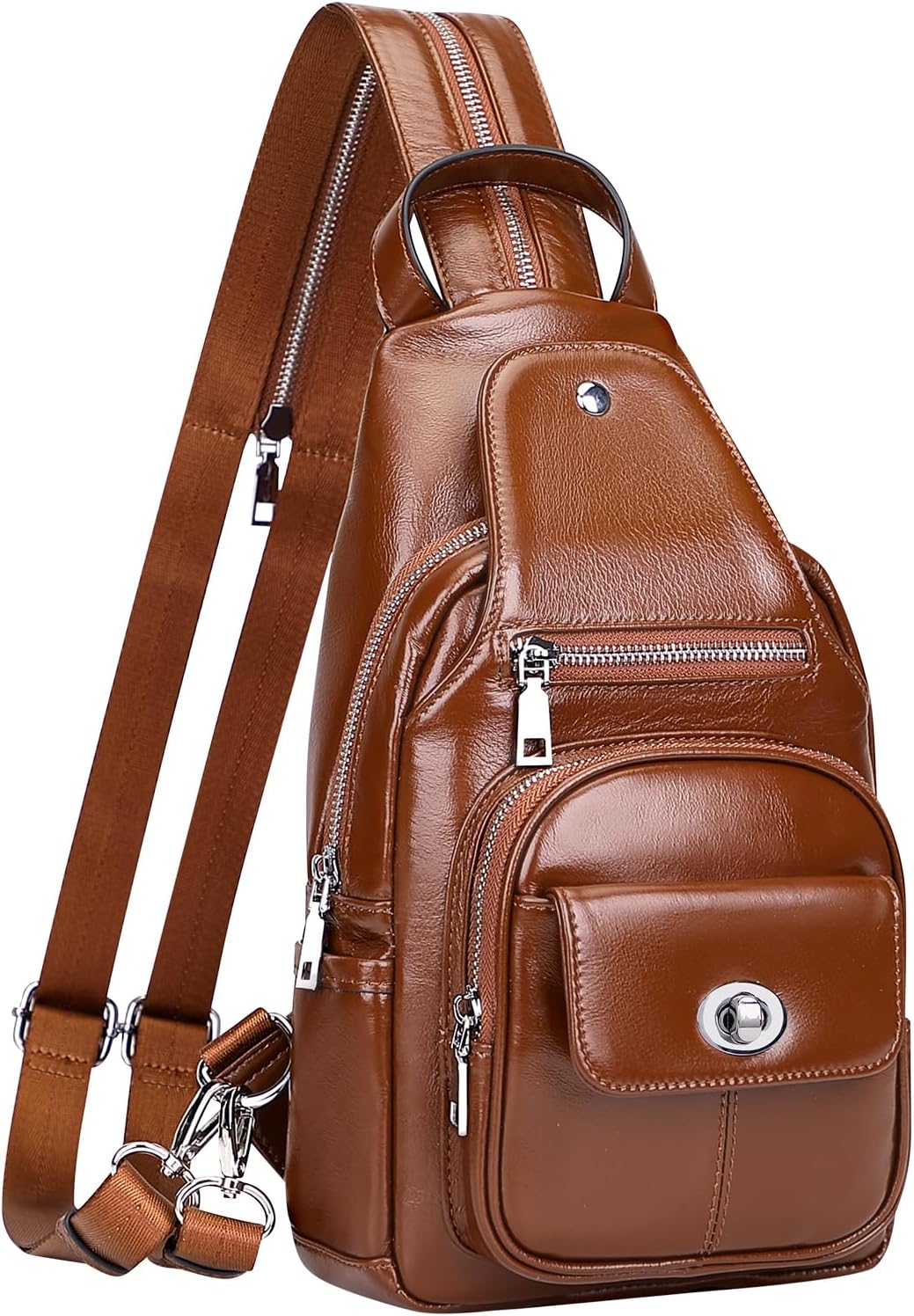 Over Earth Genuine Leather Sling Bag for Women Men Small Causal Crossbody Purse Chest Backpack(O212E Brown)