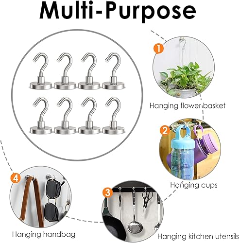 Miniatura 6 de Ganchos magnéticos resistentes, ganchos fuertes de 110 libras para colgar, imán con gancho para crucero, parrilla, refrigerador, paquete de 8