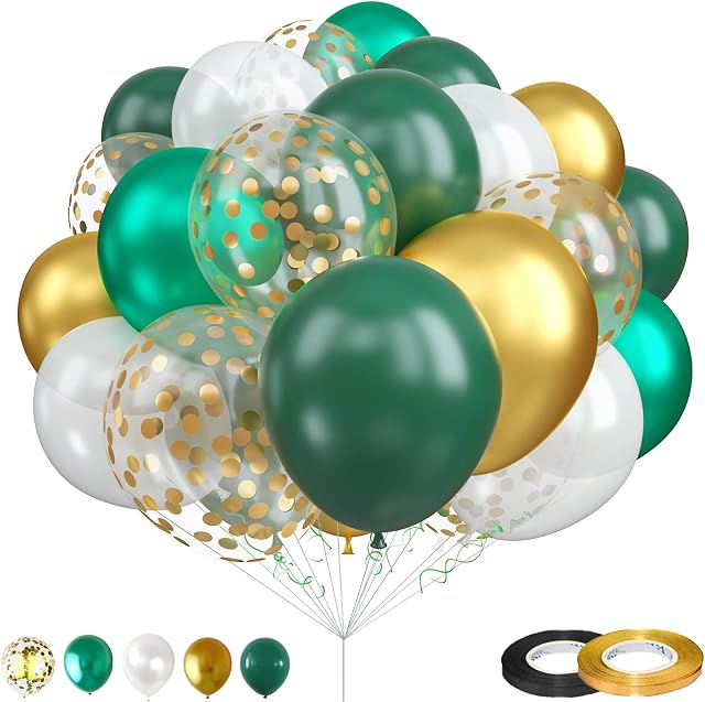 Green White Gold Balloons, 12 Inch Dark Green Metallic Chrome Green Gold Confetti White Latex Balloons, 35pcs Green Gold Party Balloons Decoration for Jungle Safari Dinosaur Birthday Party Baby Shower