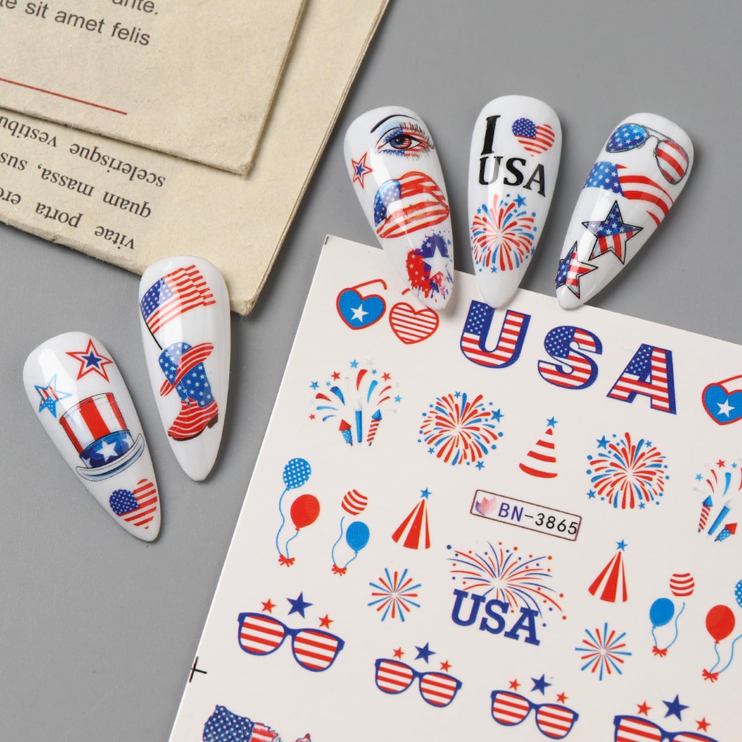 12 Sheets Patriotic Nail Art Stickers Fourth of July Nail Water Transfer with American Flag Firework Heart Star Eagle Ribbon Designs for Women Girls DIY Nail Art Decor