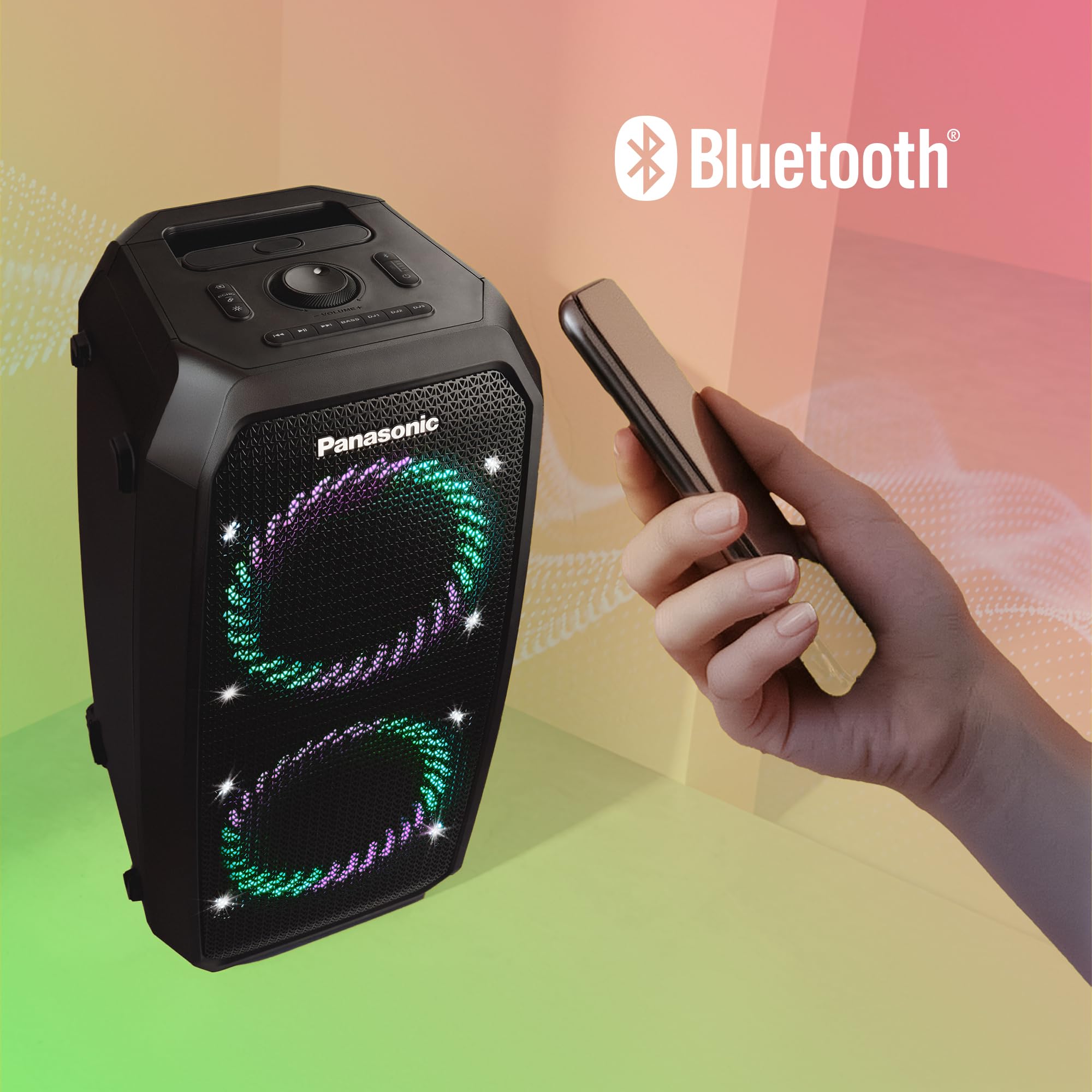 Panasonic SC-BMAX30 Enceinte Portable avec Bluetooth, Lumières Intégrées, Port Bass Reflex, 320 W, 14 Heures d’autonomie, USB, IPX4, Entrées Guitare et Micro pour Karaoké, Noir