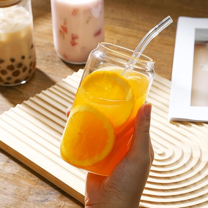 Set de 4 vasos de vidrio con tapa y sorbete, 16 oz miniatura 6