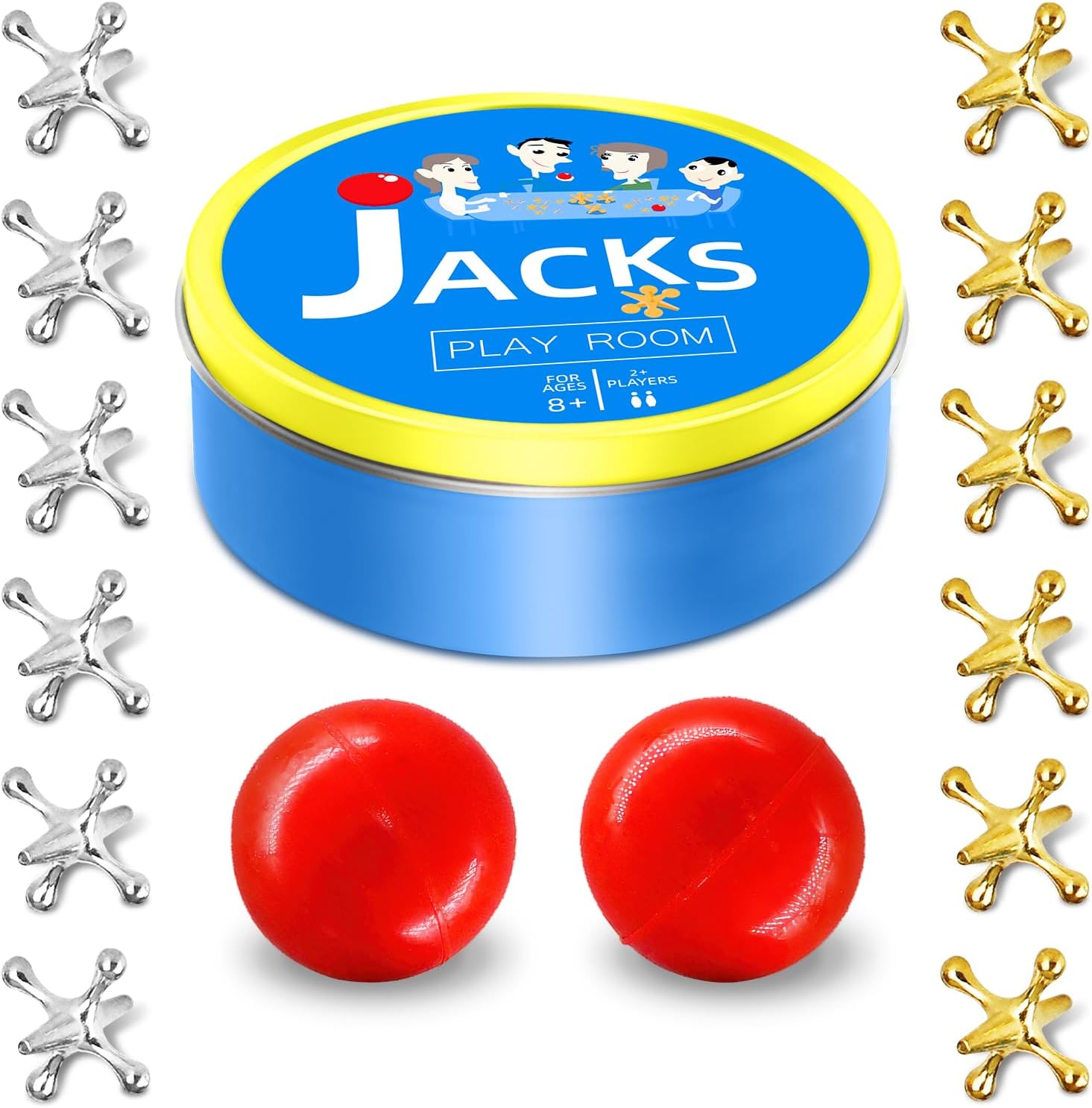 Metal Jacks Game with Ball Set, Classic Jax Game Toy for Kids Adults, Old School Jackstones Games Set (12 Jacks + 2 Balls)
