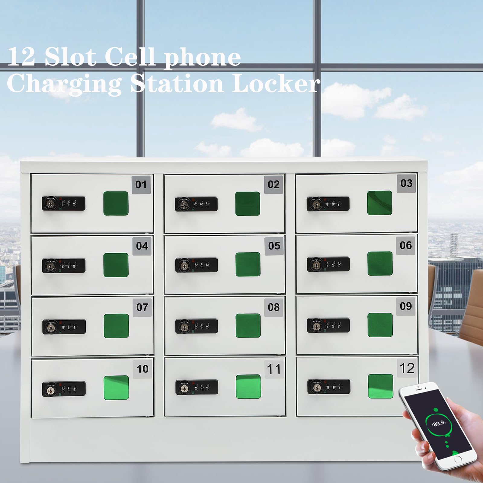 12-Slot Cellphone USB Charging Station Lockers, Cell Phone Charging Station Locker, Cellphone Locker Storage Charging Station, Two Unlocking Methods, with 3 Charging Cable, with Acrylic Window