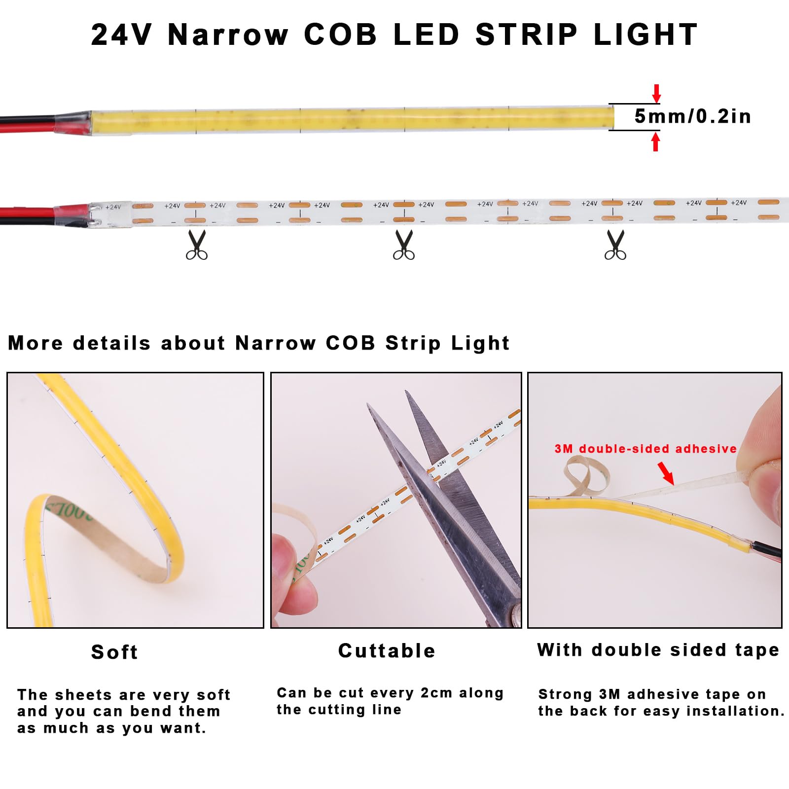 TOPAI 24V Ruban LED COB Blanc Chaud 5 mètres fin 5mm Largeur Autocollant (Lot de 6)