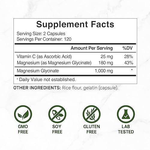 Miniatura 2 de Magnesium Glycinate 500mg Per Capsule (1000mg Per Serving) Plus Vitamin C, 240 Capsules – 100% Chelated for Easy Absorption – Essential Mineral