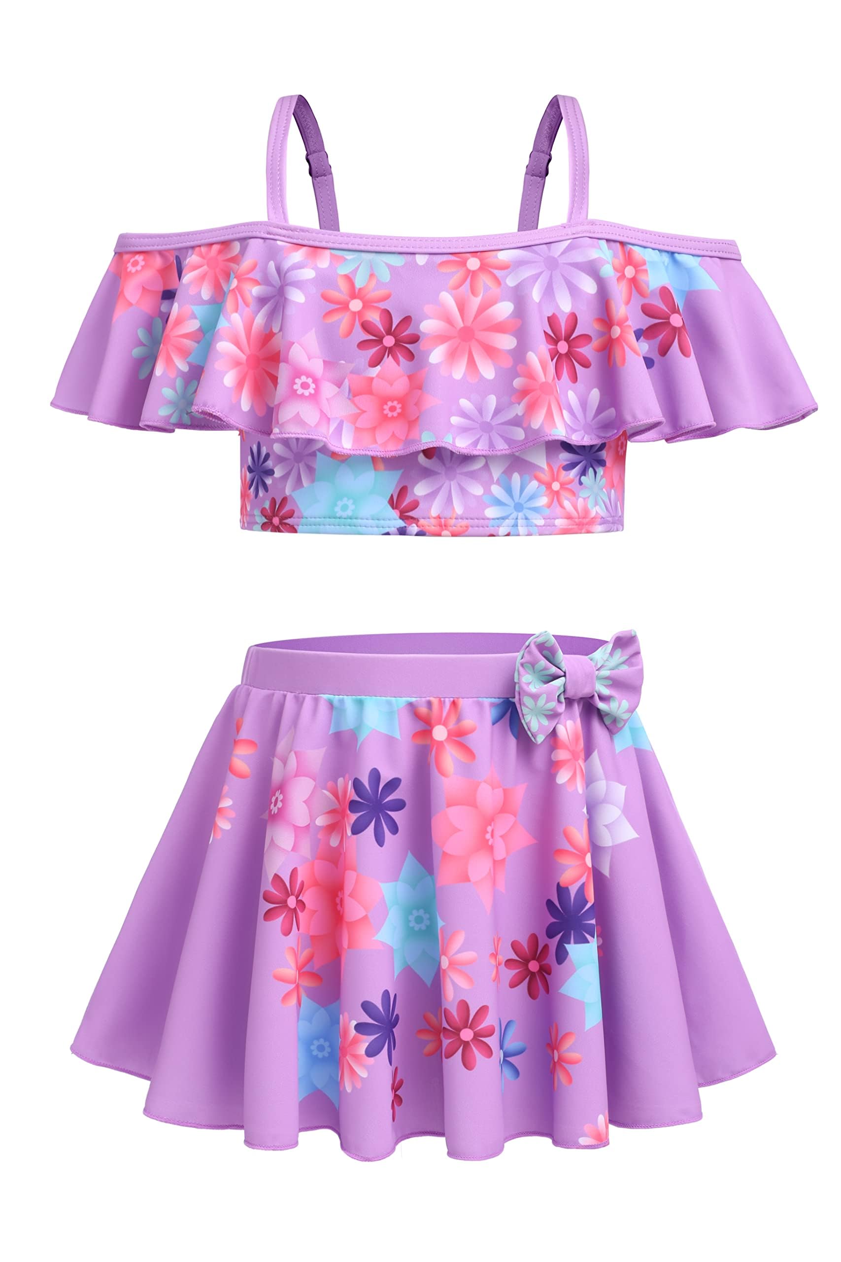 Arshiner 3 Piece Tween Girls Swimsuit Ruffle Sleeve Athletic Tankini Sport Swimwear with Swimming Skirt