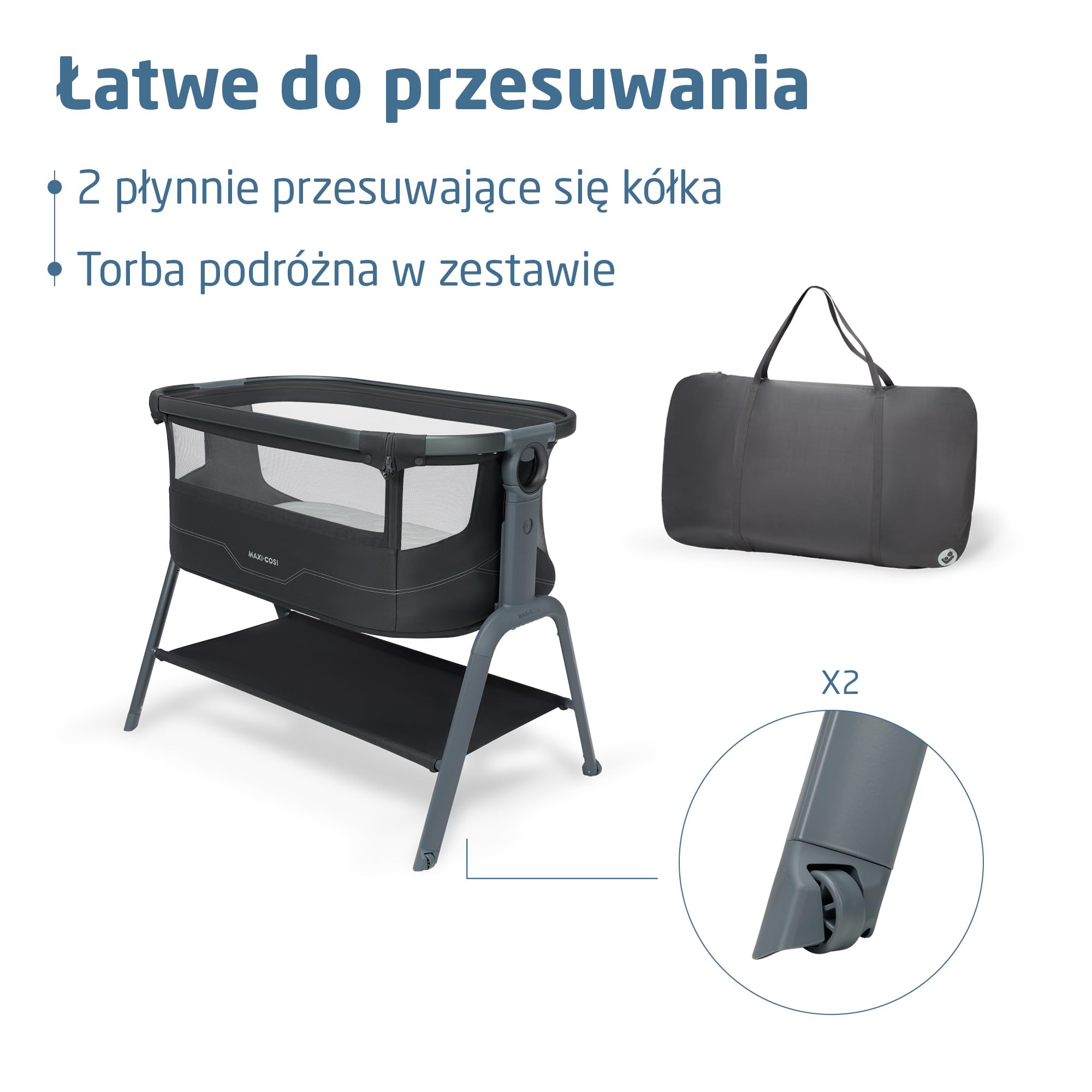 Maxi Cosi Iora² Dostawka do Łóżka, 0–6 Miesięcy (9 kg), Składane Lekkie Łóżeczko Dostawne, Materac CloudCore o Grubości 5 cm, 5 Wysokości, 2 Kółka, Łatwe Przesuwanie, Elegance Graphite