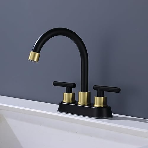 Miniatura 3 de Grifo de baño negro y dorado, 2 manijas de 4 pulgadas con drenaje desplegable, montaje de 2 o 3 agujeros, moderno fregadero comercial de tocador de