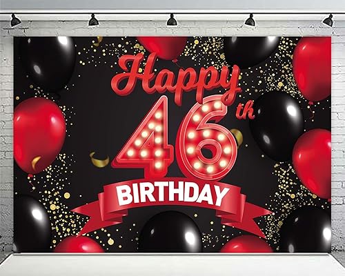Miniatura 5 de Cartel de feliz cumpleaños número 46, color rojo y negro, decoración temática de globos para niñas y mujeres, princesas de 46 años, fiesta de