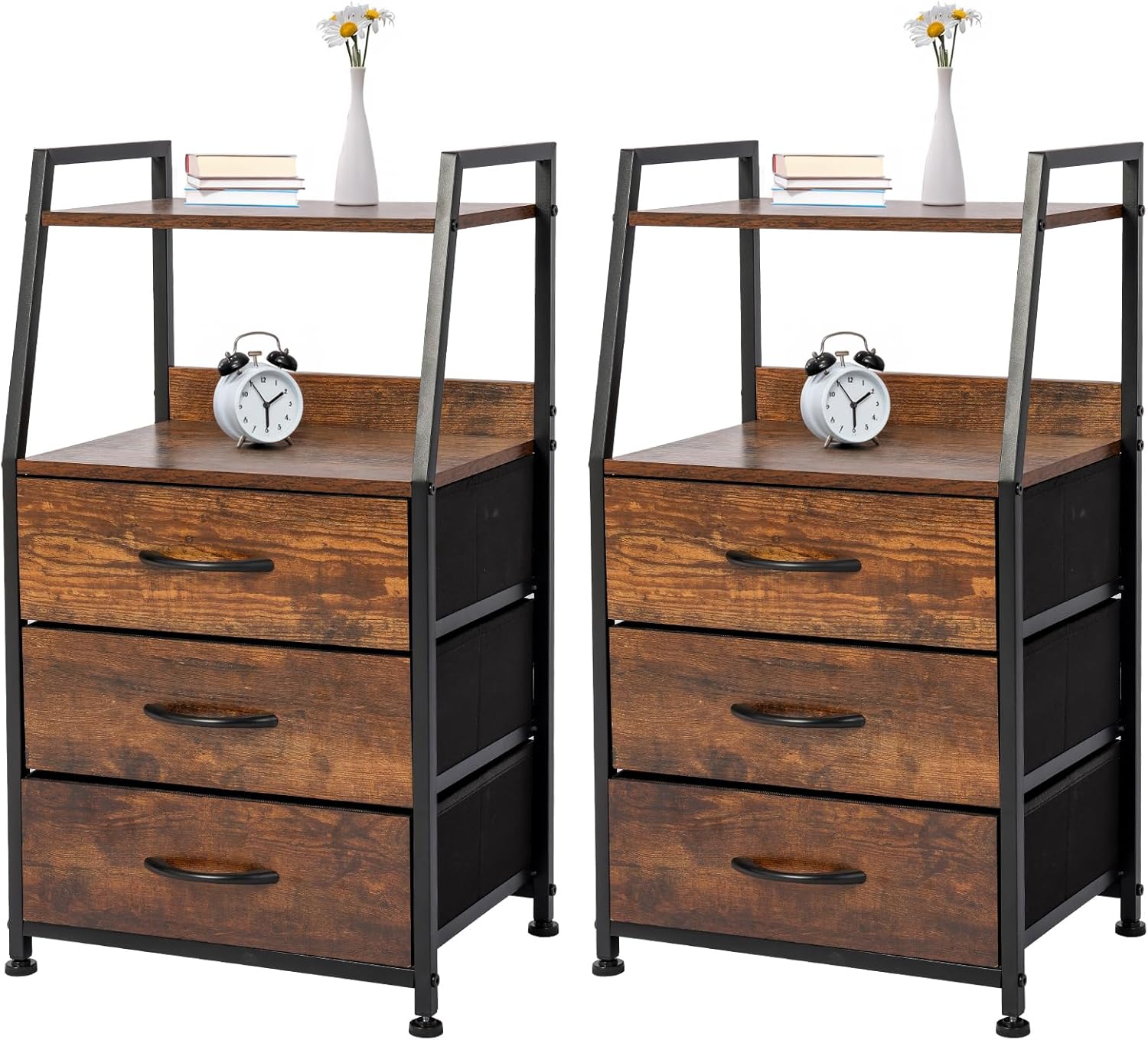 3 Drawer Nightstand Set of 2, 28 Inch Tall Side Table with Steel Frame, Wood End Table for Bedroom, Closet (Rustic Brown) 3 Drawer Nightstand Set of 2, 28 Inch Tall Side Table with Steel Frame, Wood End Table for Bedroom, Closet (Rustic Brown)