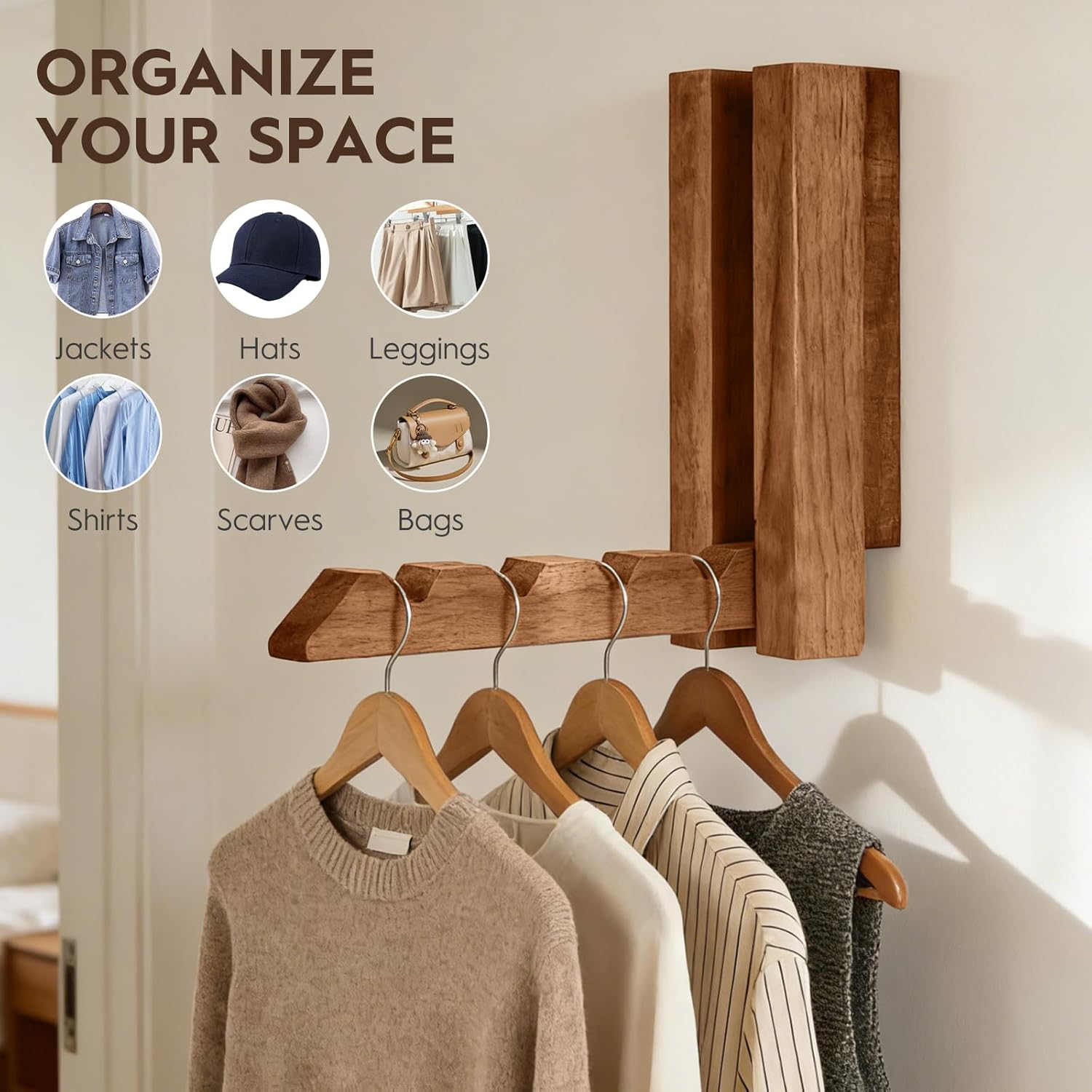 Clothes Drying Rack Wall Mounted,Space Saver Wood Wall Mounted Folding Clothes Hanger Rack for Laundry Room,Bathrooms,Closet Storage Organization,Easy to Install