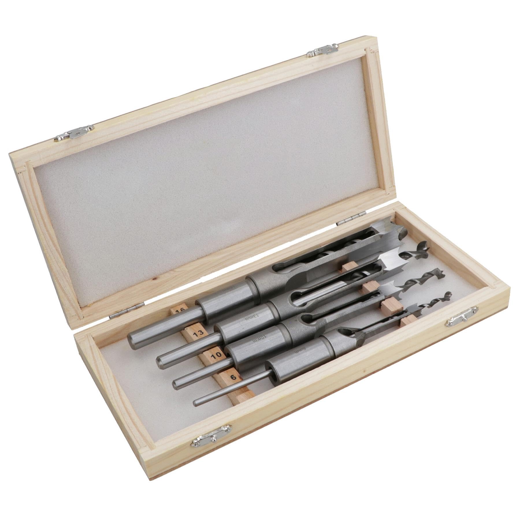 4pc Ensemble d'outils de forage de mortaise 6,10,13 et 16mm dans le bois Ciseaux à bois Boîte TE665