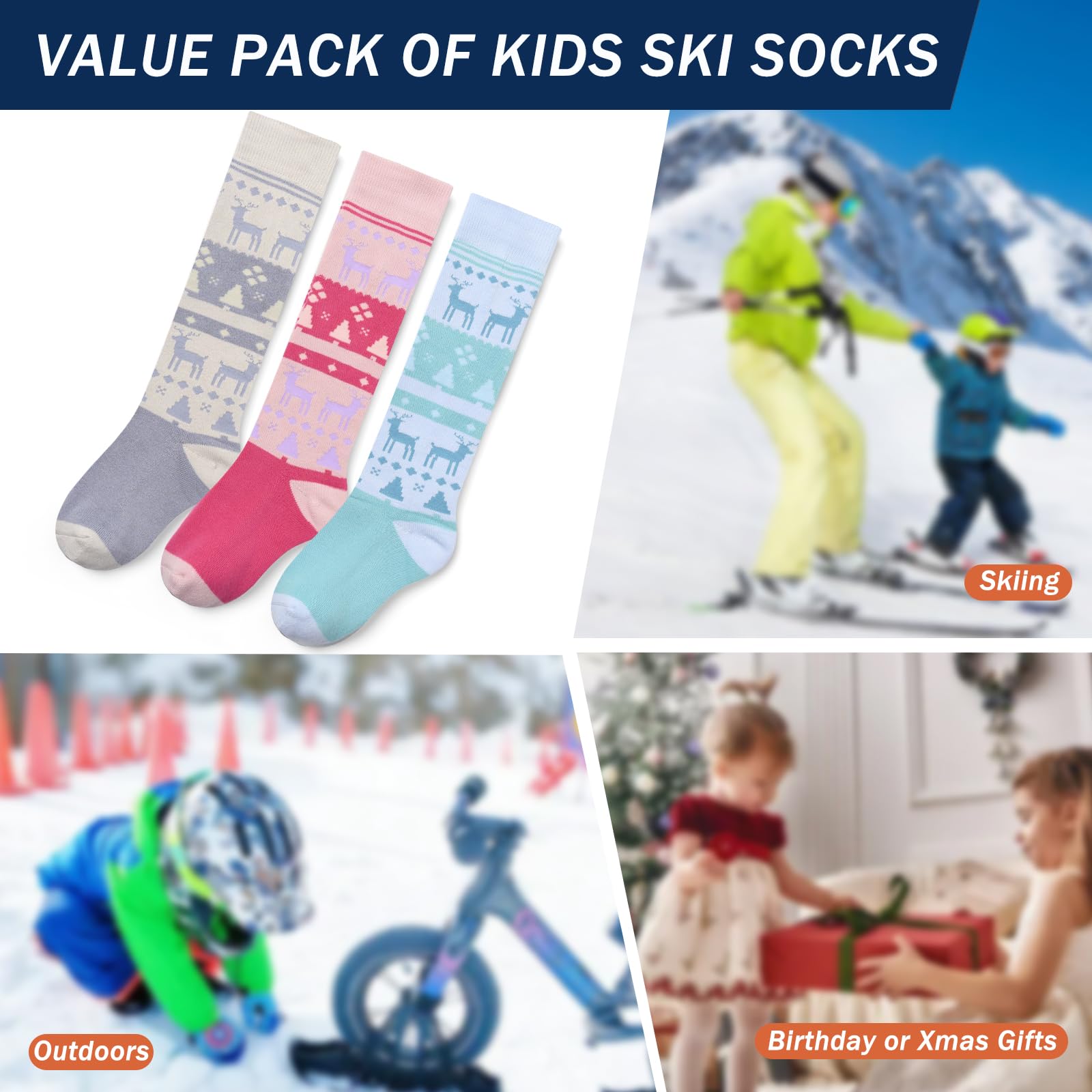 Chaussette Ski Enfant Chaussettes longues Unisexes Chaussettes Chaudes d'hiver Enfants Chaussettes Thermiques Garcon Chaussettes épaisses en coton pour Garçon Fille Lot 3 Paires
