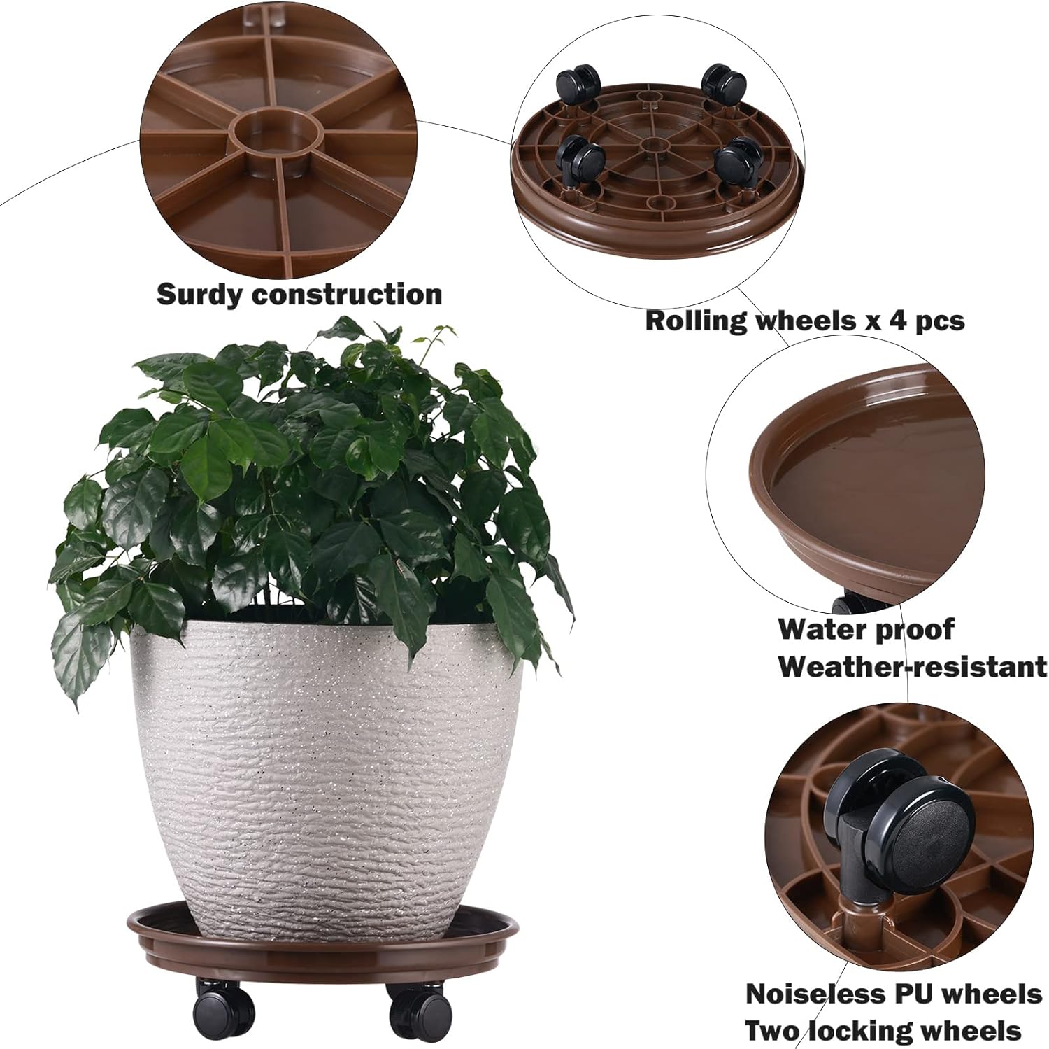 5 Packs Large Plant Caddy with PU Wheels 12" Rolling Plant Stands Heavy-duty Plastic Plant Roller Base Pot Movers Plant Saucers on Wheels Indoor Outdoor Plant Dolly with Casters Planter Tray Coaster