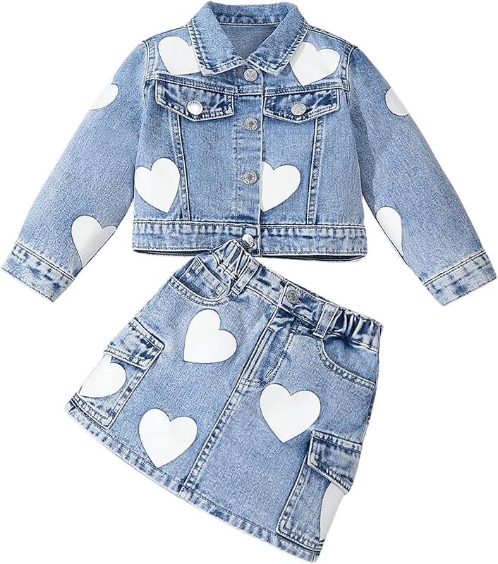 WDIRARA Toddler Girl's Cute 2 Piece Outfits Heart Print Button Down Jacket Cargo Denim Skirt Set