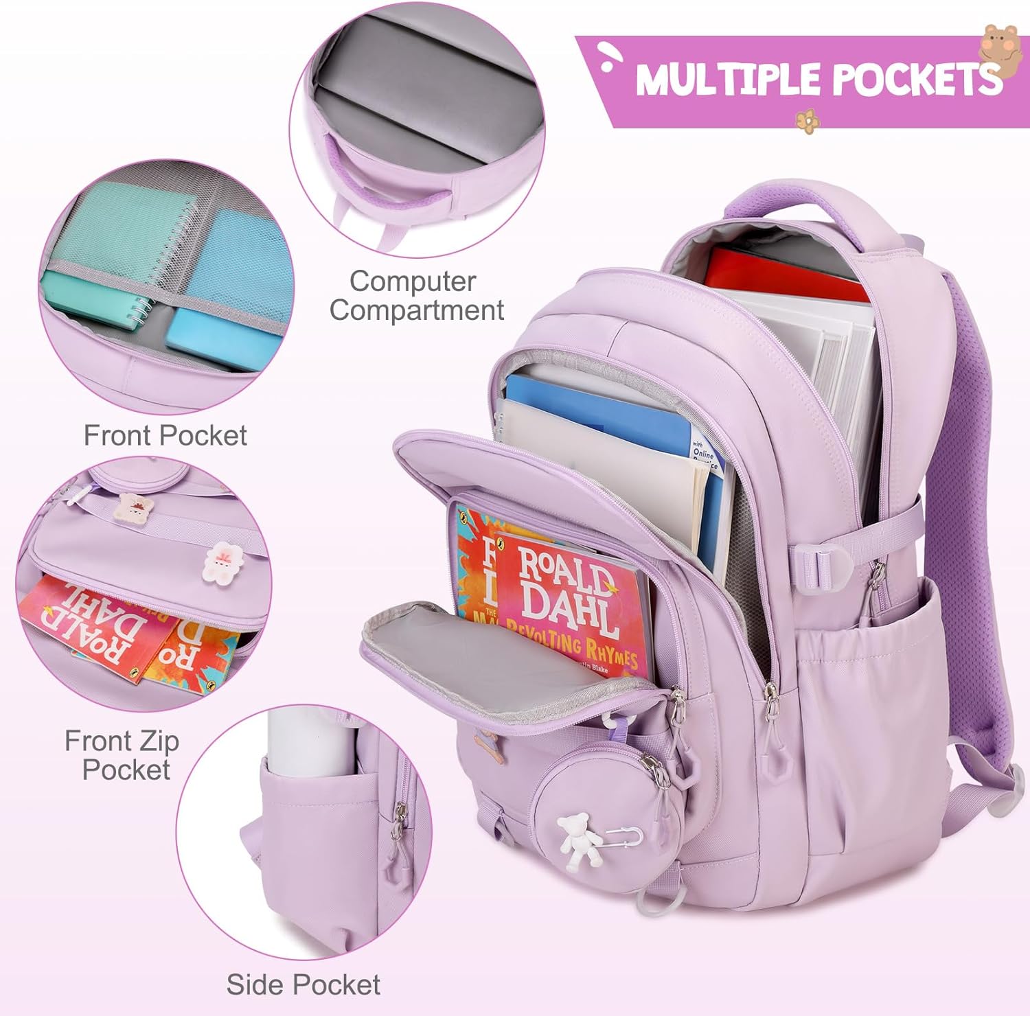 Backpacks for Girls - 4PCS Girls Backpack with Lunch Bag & Pencil Pouch Coin Pruse for Teens Kids Elementary Middle High School College Student Bookbag Daypack (Purple)