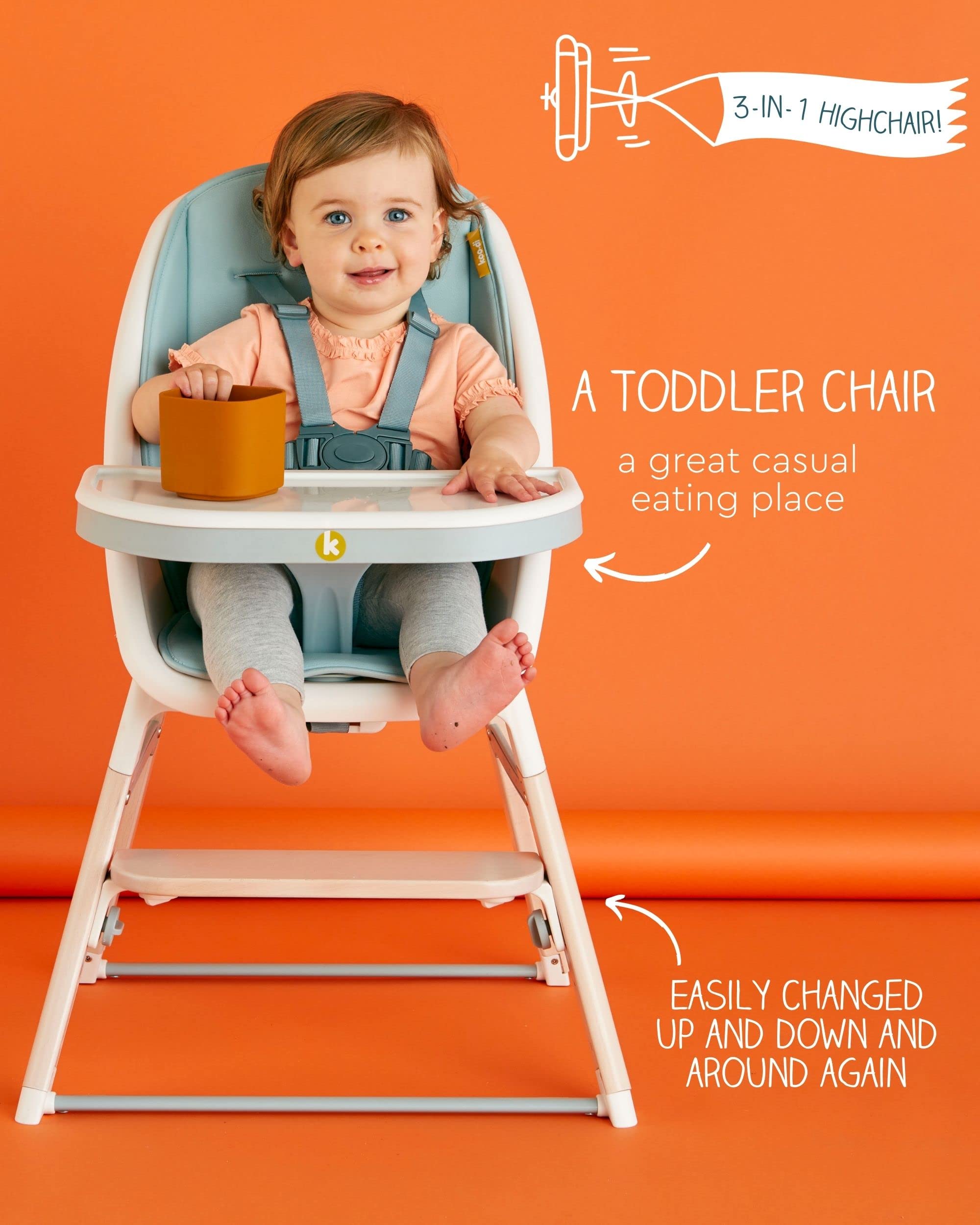 Koo-Di Tiny Taster - Trona 3 en 1, silla para niños pequeños y taburete para niños grandes, agua de manantial, silla alta para bebé con bandeja extraíble, reposapiés ajustable, asiento acolchado y