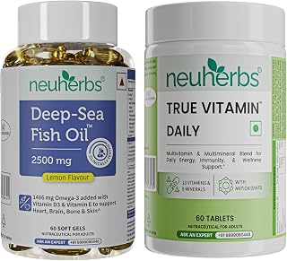 Neuherbs Daily Vitamin Supplements Combo - Multivitamin + Fish Oil (Deep Sea Fish Oil 2500mg [60 softgel] + True Vitamin [ Price In India