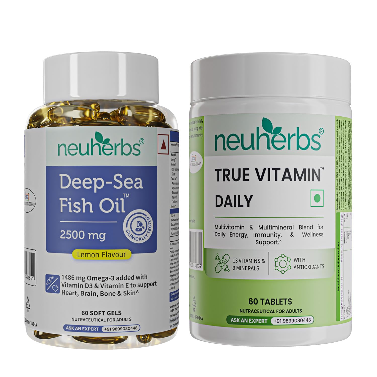 Neuherbs Daily Vitamin Supplements Combo - Multivitamin + Fish Oil (Deep Sea Fish Oil 2500mg [60 softgel] + True Vitamin [