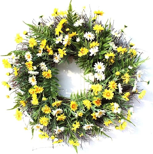 WEIGE Corona decorativa, corona de margaritas de 22 pulgadas, hermosa corona artificial de primavera y verano, puerta delantera o textiles para el