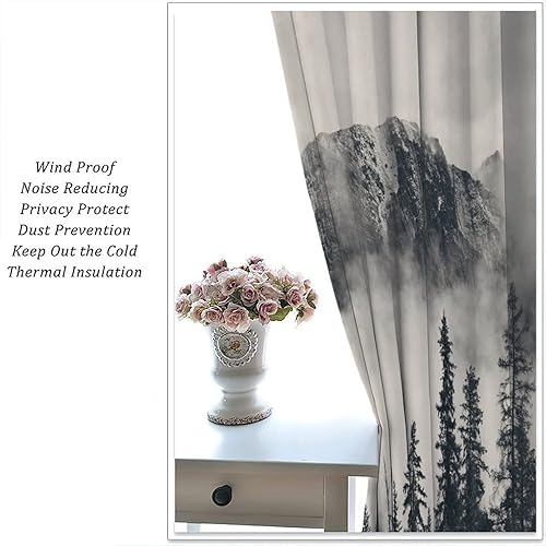 Miniatura 5 de Cortinas opacas de montañas con bosque gris brumoso, cortina para ventana de dormitorio, árbol negro natural, bosque, decoración escénica de madera