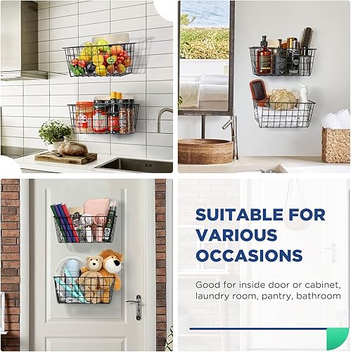 Miniatura 5 de Paquete de 2 cestas de almacenamiento de alambre para colgar en la pared, cesta adhesiva para organizador de puerta de armario, sin taladrar, cestas