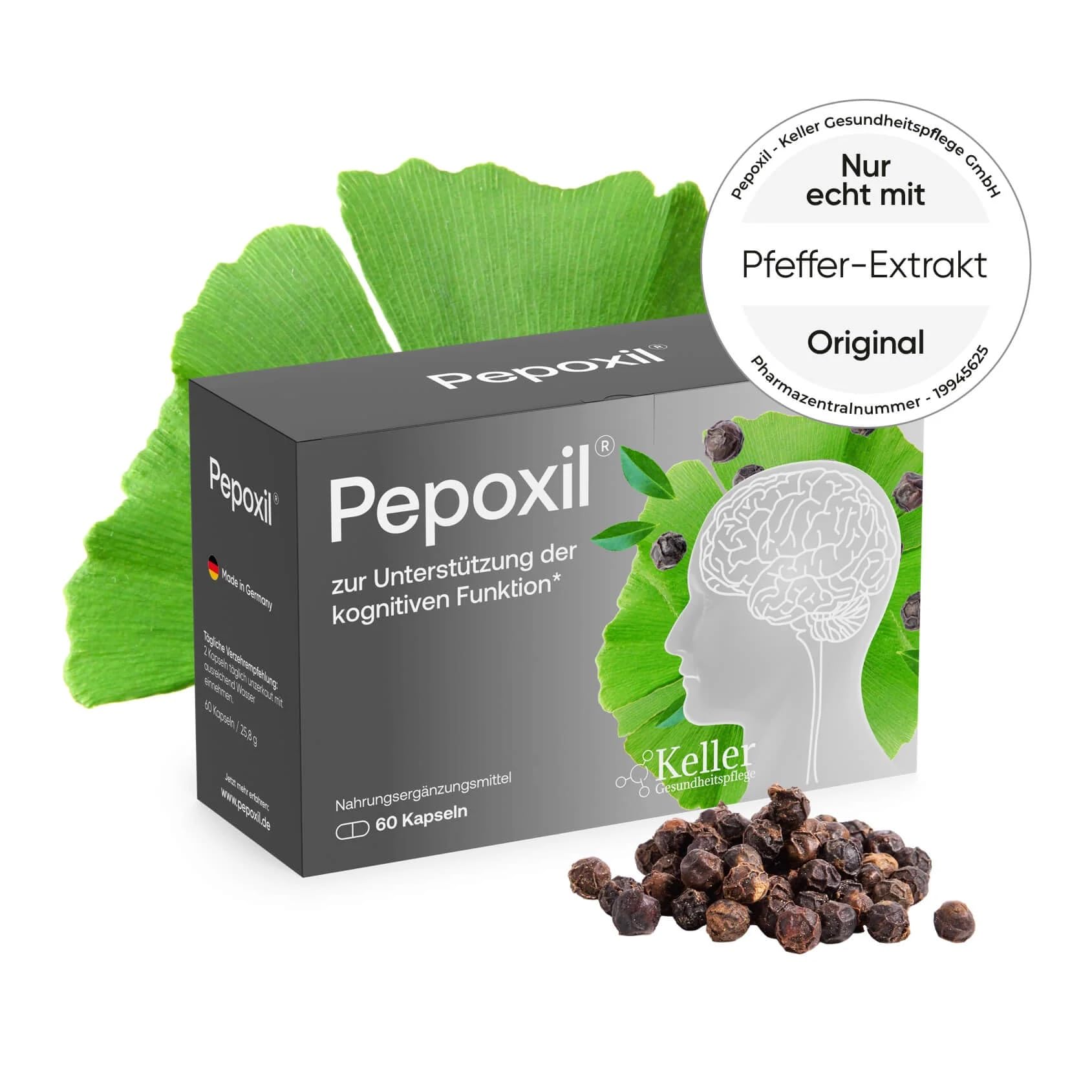 PEPOXIL zur Unterstützung kognitiver funktionen I 60 Stück Hochdosiert mit Nattokinase I fermentierte Sojabohnen, Ginkgo Biloba, Ginseng & Timut Pfeffer-Extrakt - Pflanzliche Rezeptur, PZN 19945625
