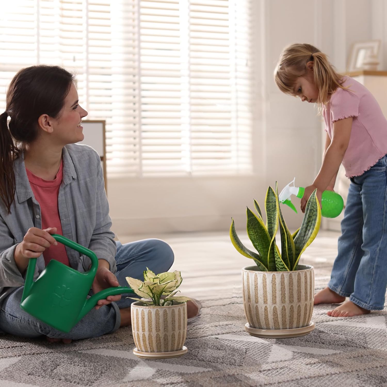 Ceramic Flower Pots Indoor-Outdoor: 7.75 Inch Large Planters with Drainage Holes & Saucer - Modern Decorative Plant Pots Ceramic for Home Gardeners (Striped)