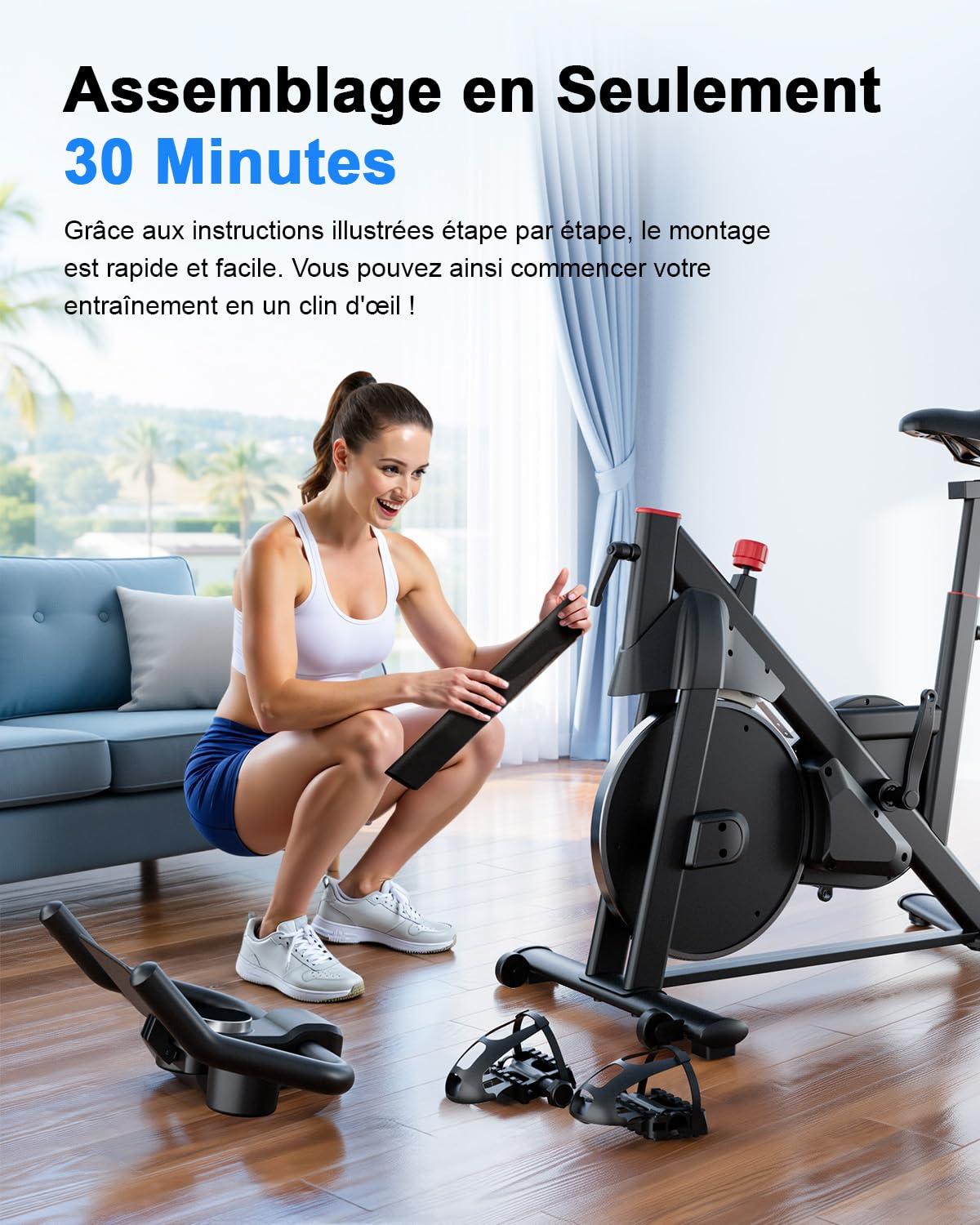 Vélo d'Appartement avec Écran LCD et Application, Résistance Magnétique Réglable, 136 kg