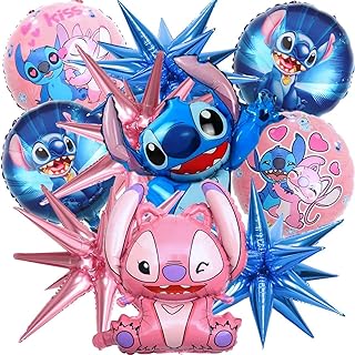 10PCS Stitch Foil Balloons 18" and 26" Angel and Stitch Balloons Birthday Party Decorations Aluminum Foil 5 Stitch Foil Balloons and 5 Angel Foil Balloons Stitch Birthday Party Decor