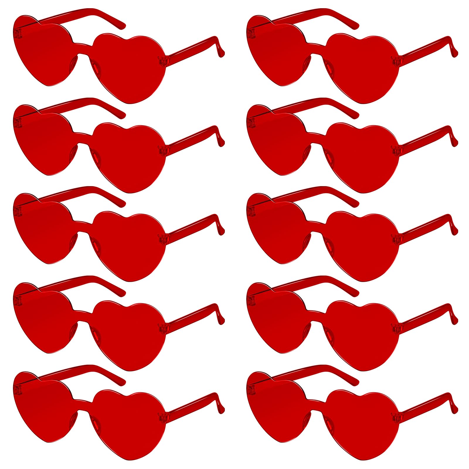 SelfTek 10 Pcs Red Heart Glasses Rimless Heart Sunglasses Colored Love Party Glasses Multipack Transparent Colorful Fashion Funky Eyewear for Women Men