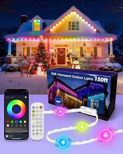 Miniatura 8 de oneup Luces de navidad permanentes para exteriores de 100 pies, luz de aleros RGB+IC con aplicación/control remoto, IP67 impermeable, 16M colores,
