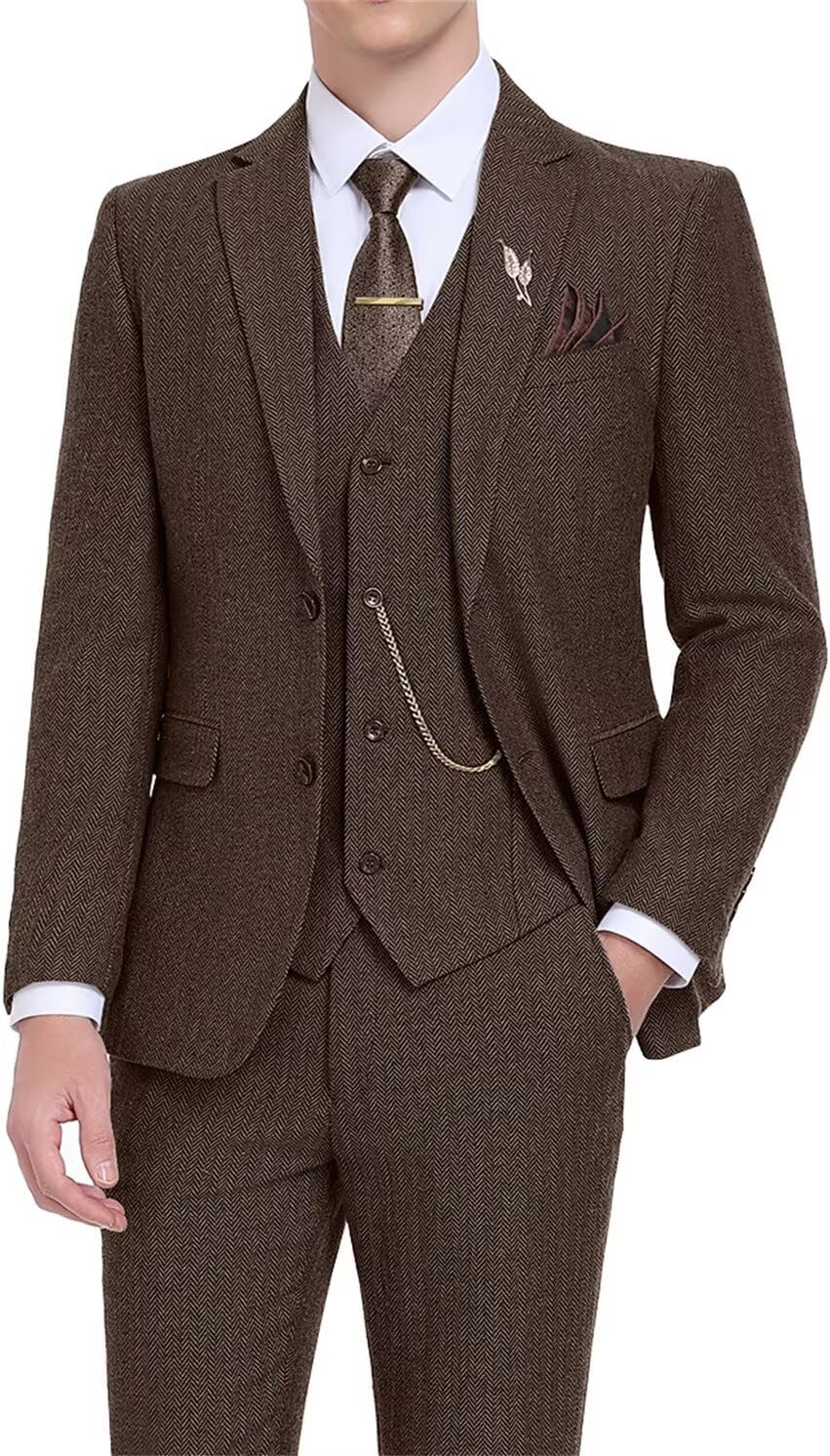 Retro Tweed Men's Suit 3 Piece Slim Fit Herringbone Suits Groom Tuxedos Set Wedding Prom Blazer Jacket Vest Pants for Men - Image 2