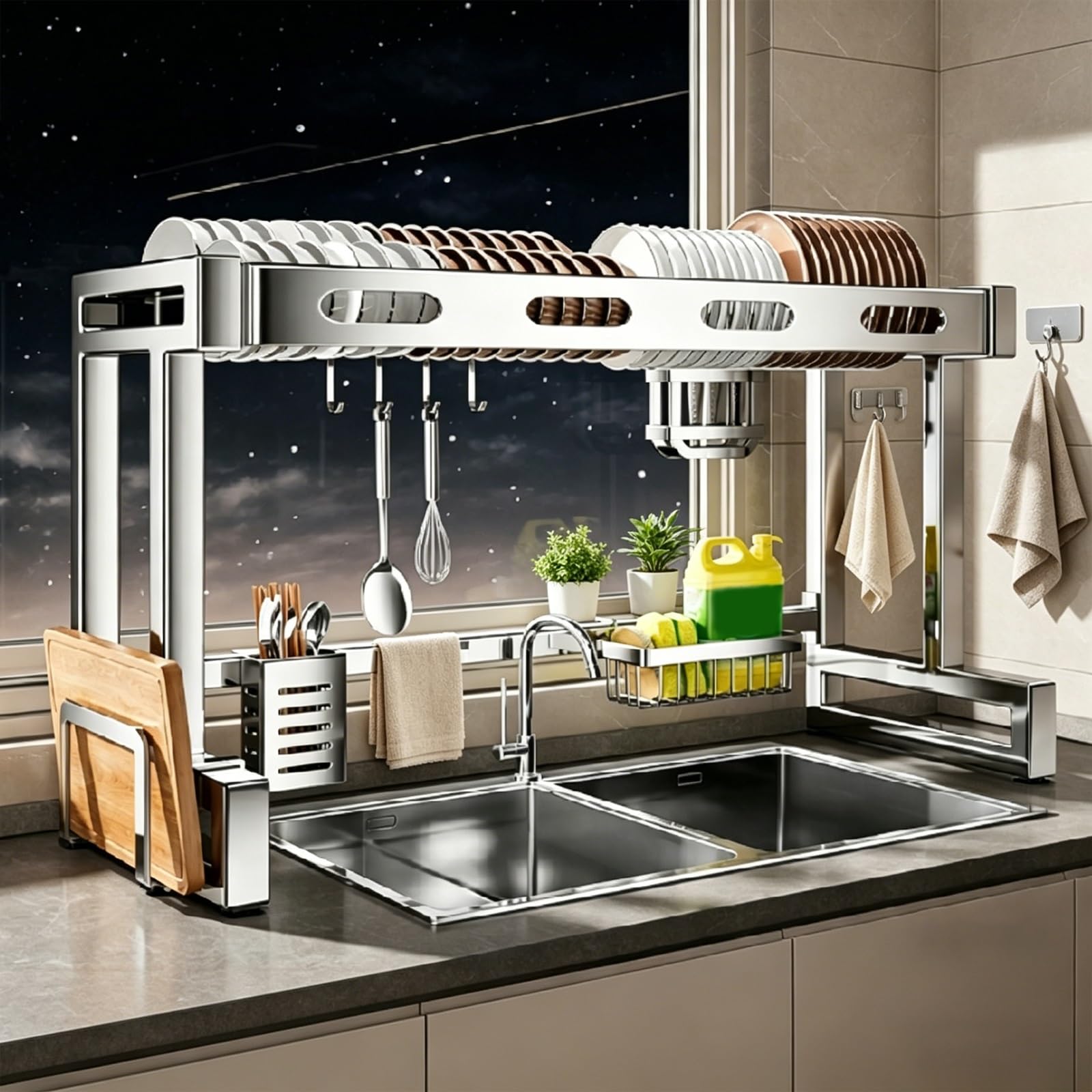 Escurridor de platos sobre fregadero, acero inoxidable con soporte extraíble para cubiertos, ahorro de espacio, almacenamiento de vajilla de cocina de doble capa para platos, vasos, cuencos