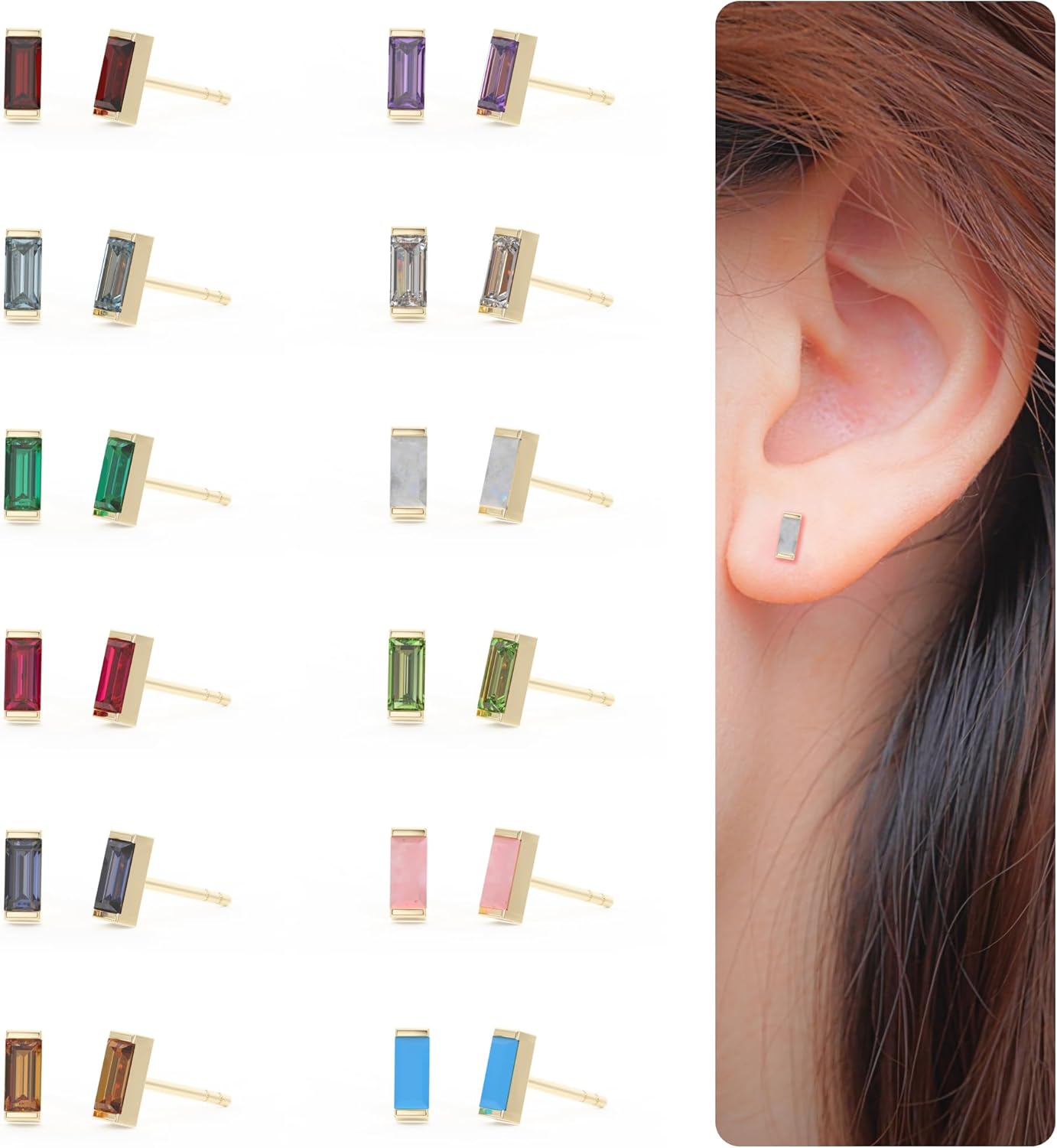 18k Gold Plated Aretes de Mujer Rectangle Crystal Garnet January Birthstone Dainty Minimalist Stud for Women Teen Girls - Stocking Stuffers Jewelry Gifts