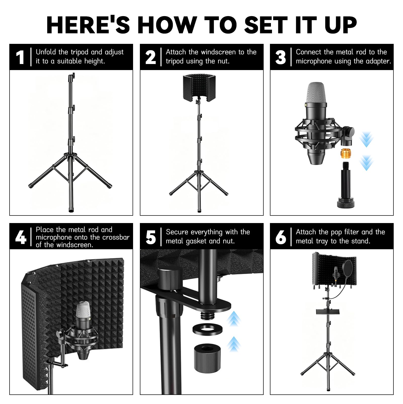 Isolamento Acustico per Microfono con Filtro Pop | Scatola in Schiuma Acustica Incorniciata, Supporto Treppiede, Assorbimento del Suono, Schiuma Assorbente