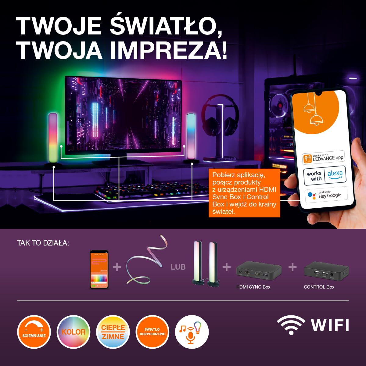 Lampa podłogowa LEDVANCE SMART+ WIFI,mała,czarna,2x 2,5W,2x 480lm,możliwość ściemniania,funkcja DIY & rytm muzyczny,długa żywotność,możliwość sterowania przez aplikację,2700-6500K