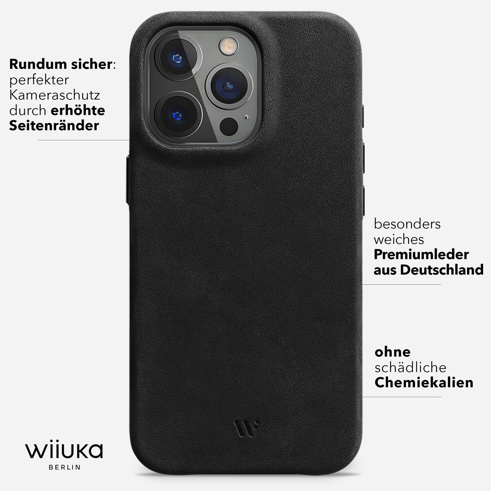 WIIUKA Hülle für iPhone 15 Pro, Leder aus Deutschland, Lederhülle extra Dünn, Premium Handyhülle, Case, Qi, Vintage Schwarz