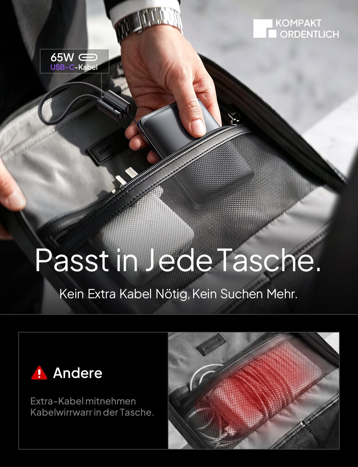 LISEN Powerbank Laptop 10000mAh 65W PD, Qi2.2 25W MagSafe, Laptop Powerbank für MacBook Air & USB-C Laptops, Flugzulassung, Zylindrische Zellen, Abnehmbares USB-C Kabel, iPhone 17 Pro Max/16/15