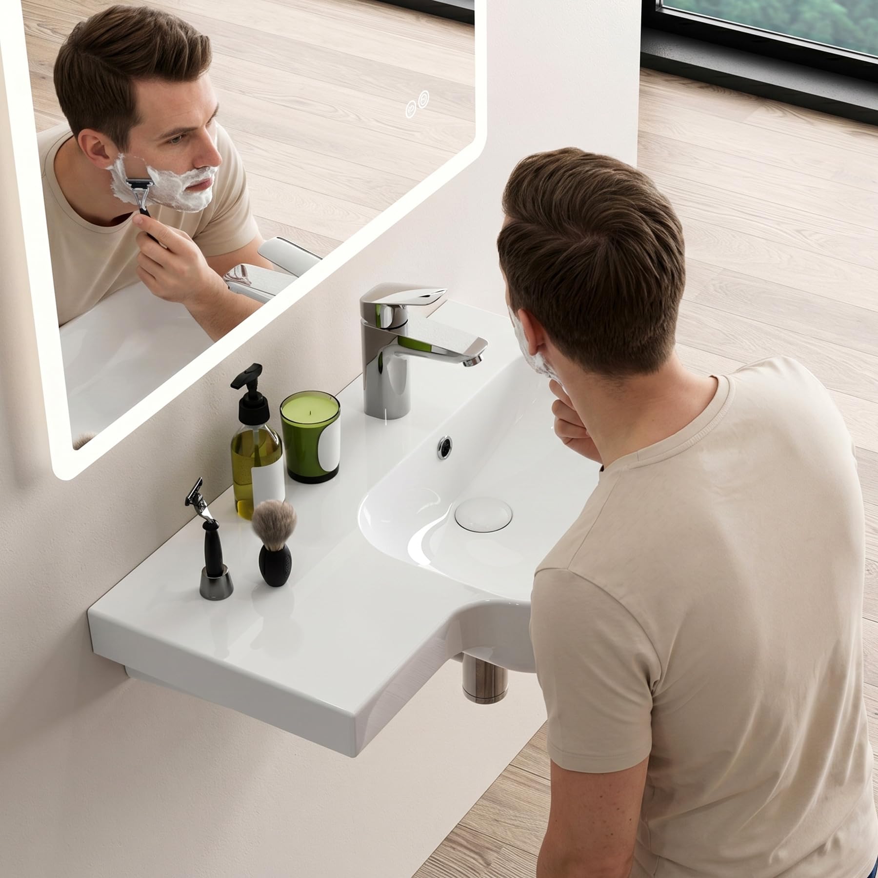 HOROW Waschbecken Bad Wandmontage mit Ablage 72x45 cm | Modernes Keramik Hängewaschbecken Waschtisch Bad für Badezimmer, Gäste WC & Garten, leicht zu reinigen