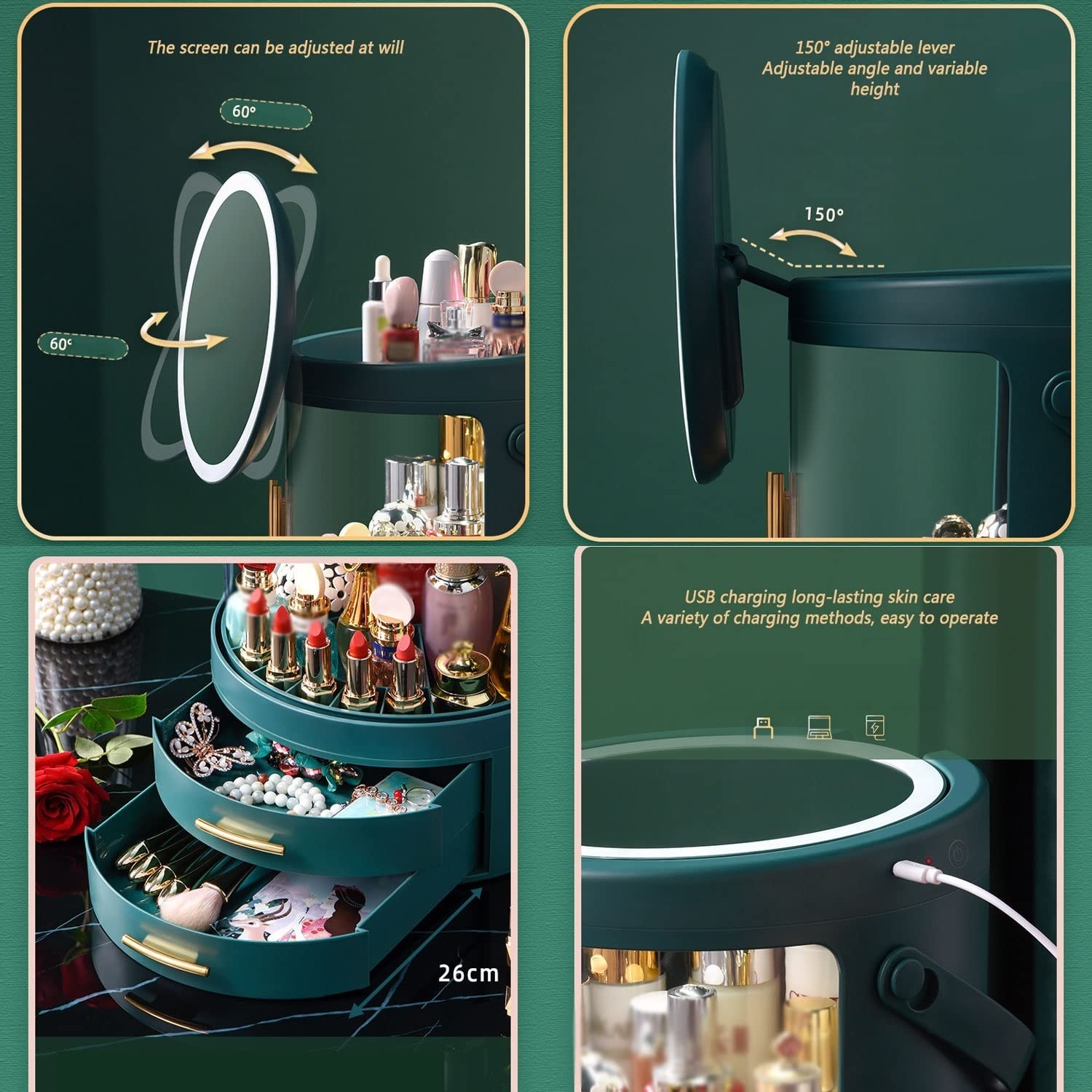Organizzatore di trucco di grande capacità con specchio a LED – Perfetto toeletta da toeletta per cosmetici per prodotti per la cura della pelle – Vetrina efficiente